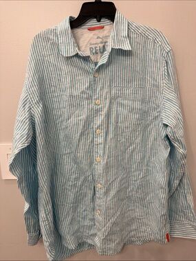 Tommy Bahama Aqua and White Striped Linen Button-Down Shirt